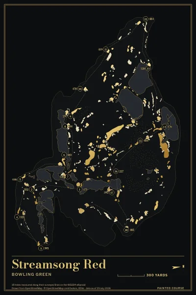 Streamsong Red, Bowling Green, Florida, USA, drawn in the Gilt style from its OpenStreetMap survey: 18 holes, each numbered at its tee with its measured yards beside it.