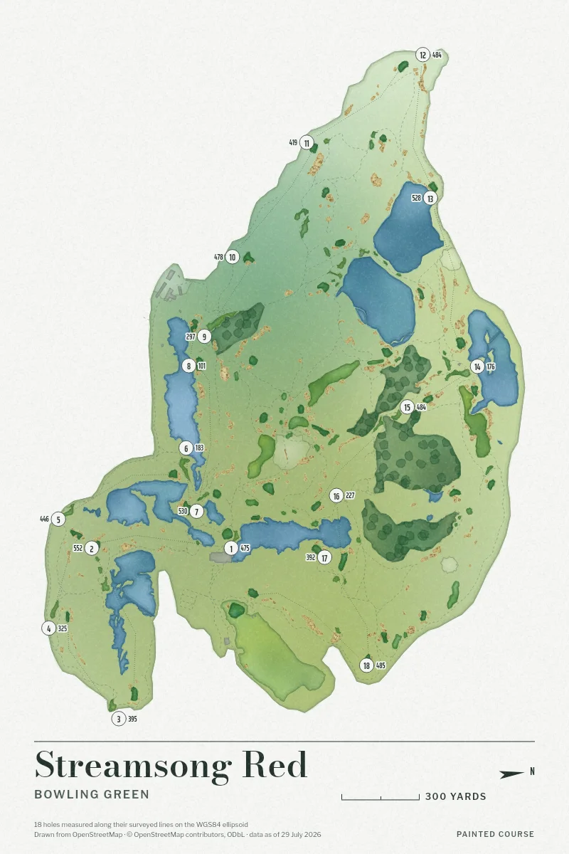 Streamsong Red, Bowling Green, Florida, USA, drawn in the Watercolour style from its OpenStreetMap survey: 18 holes, each numbered at its tee with its measured yards beside it.