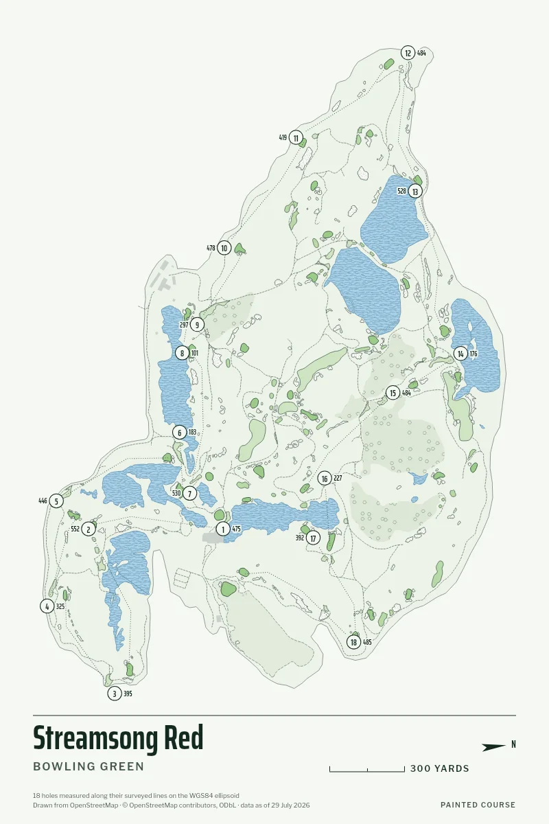 Streamsong Red, Bowling Green, Florida, USA, drawn in the Yardage style from its OpenStreetMap survey: 18 holes, each numbered at its tee with its measured yards beside it.