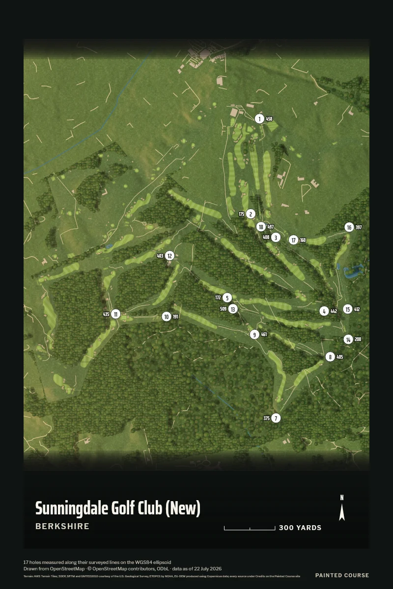 Sunningdale Golf Club (New), Berkshire, England, drawn in the Aerial style from its OpenStreetMap survey: 17 holes, each numbered at its tee with its measured yards beside it.