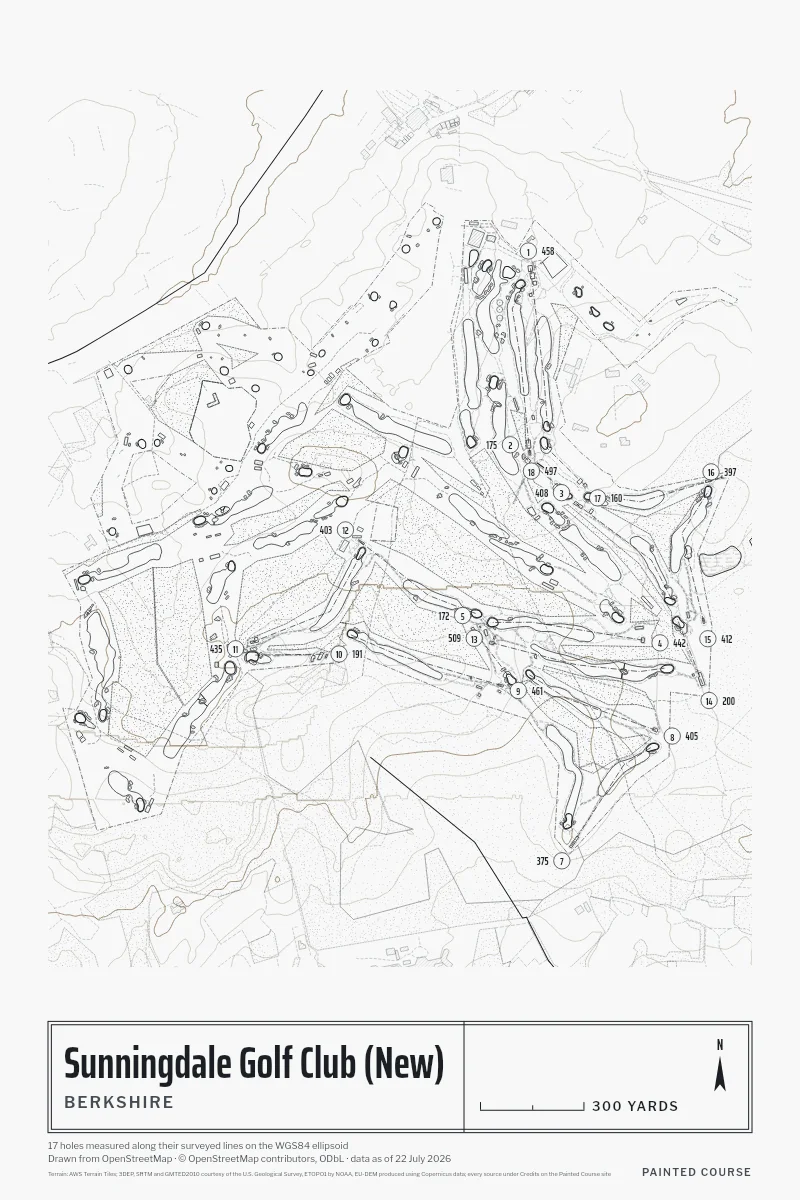 Sunningdale Golf Club (New), Berkshire, England, drawn in the Architect style from its OpenStreetMap survey: 17 holes, each numbered at its tee with its measured yards beside it.