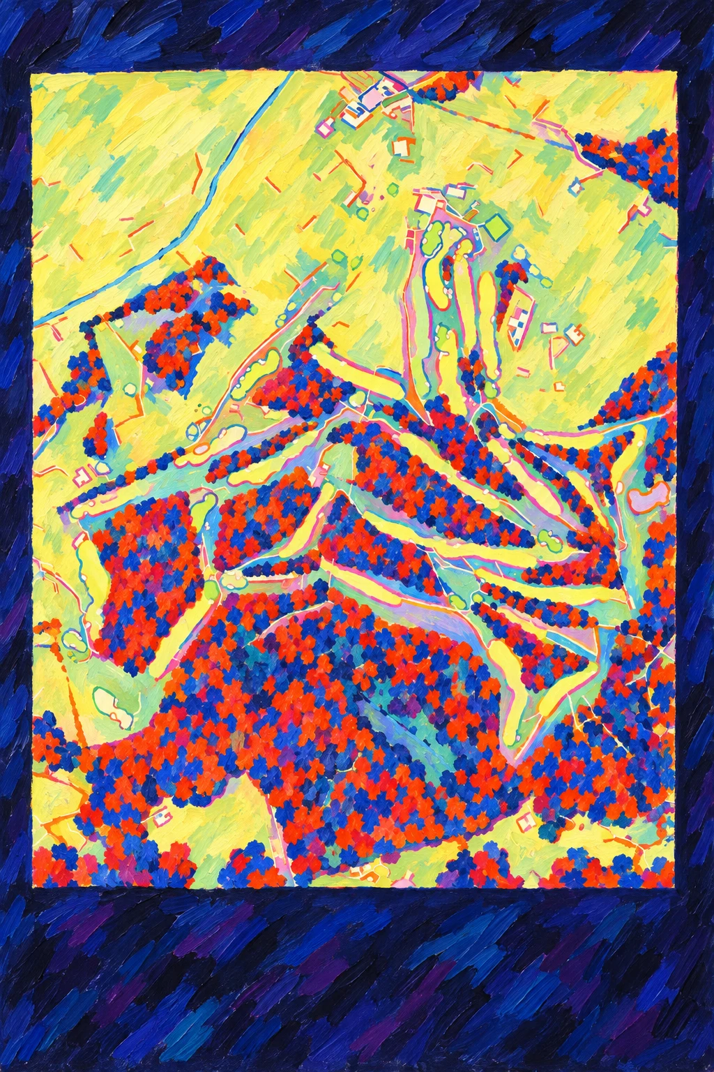 Sunningdale Golf Club (New), Berkshire, England, seen from above and painted in the Fauve manner after the Fauves of 1905: the routing of its 17 holes, its greens and its bunkers, in paint.