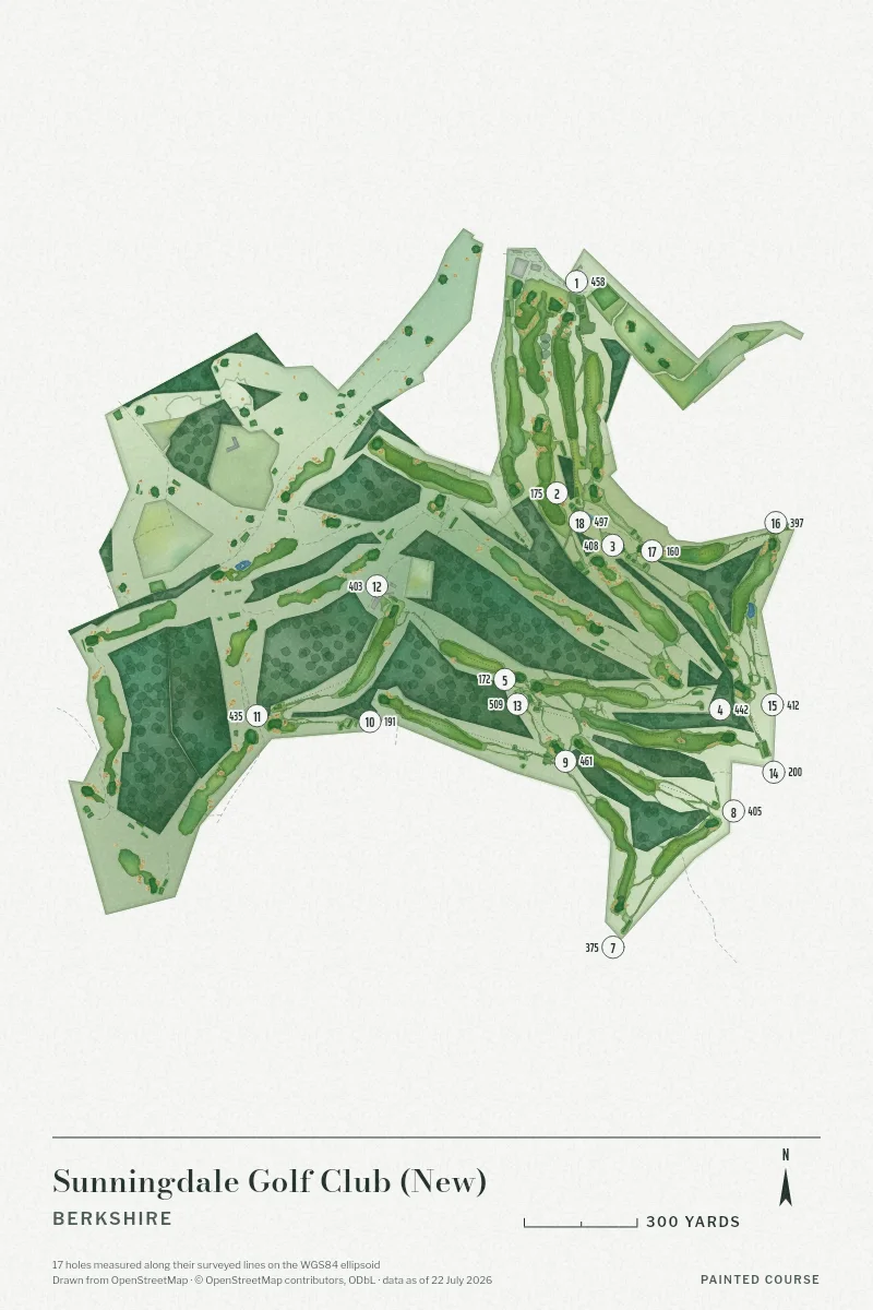 Sunningdale Golf Club (New), Berkshire, England, drawn in the Watercolour style from its OpenStreetMap survey: 17 holes, each numbered at its tee with its measured yards beside it.