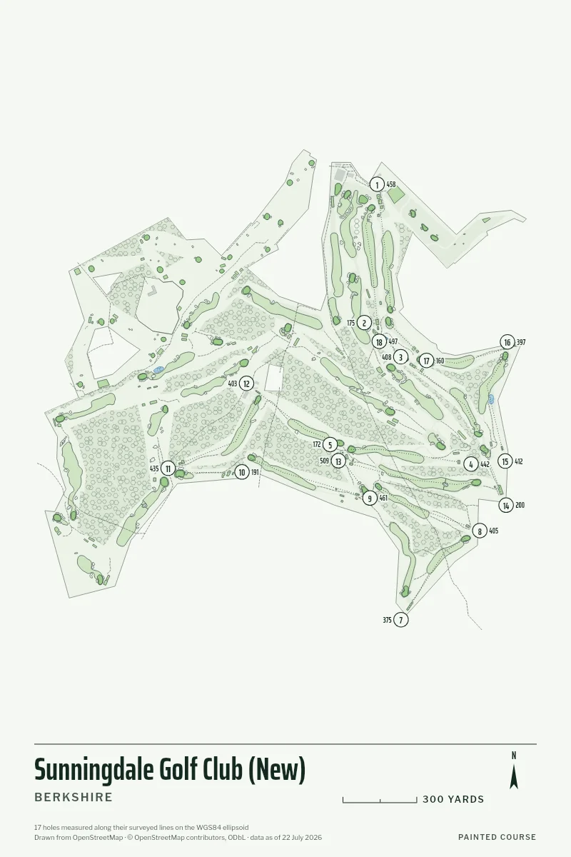 Sunningdale Golf Club (New), Berkshire, England, drawn in the Yardage style from its OpenStreetMap survey: 17 holes, each numbered at its tee with its measured yards beside it.