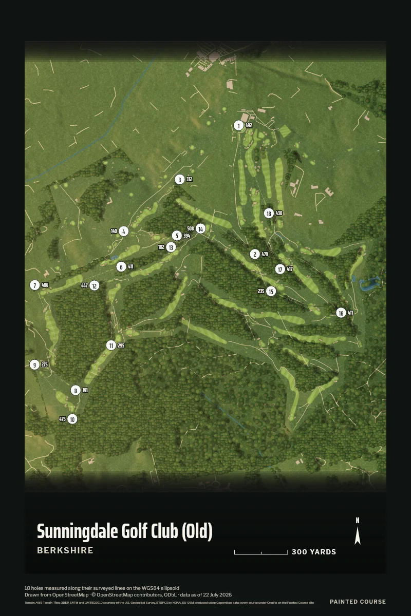 Sunningdale Golf Club (Old), Berkshire, England, drawn in the Aerial style from its OpenStreetMap survey: 18 holes, each numbered at its tee with its measured yards beside it.