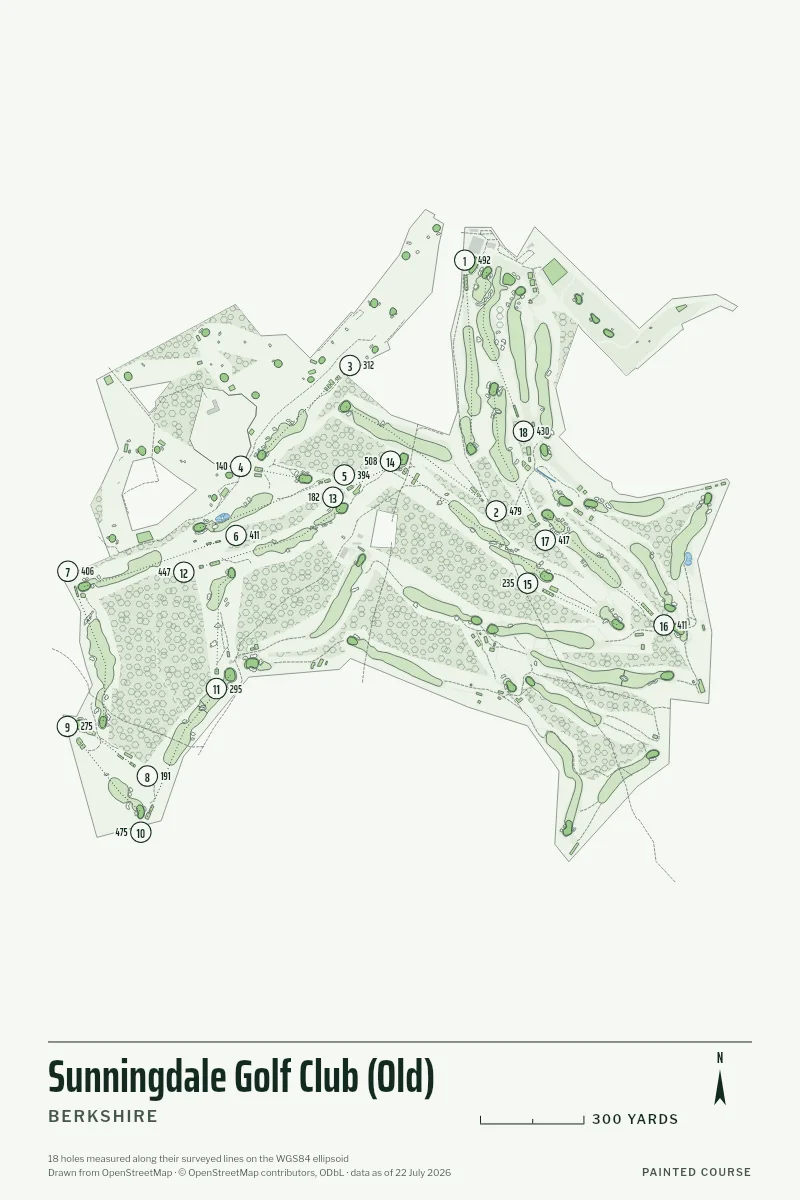 Sunningdale Golf Club (Old), Berkshire, England, drawn in the Yardage style from its OpenStreetMap survey: 18 holes, each numbered at its tee with its measured yards beside it.
