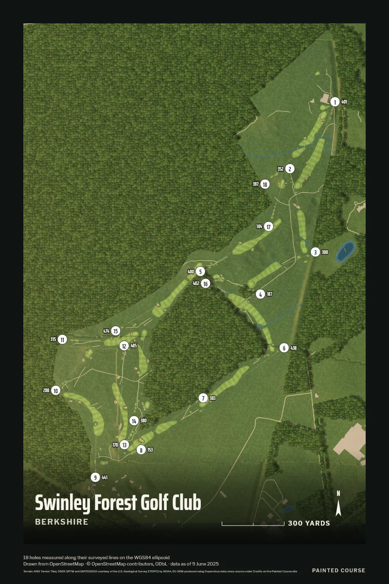Swinley Forest Golf Club, Berkshire, England, drawn in the Aerial style from its OpenStreetMap survey: 18 holes, each numbered at its tee with its measured yards beside it.