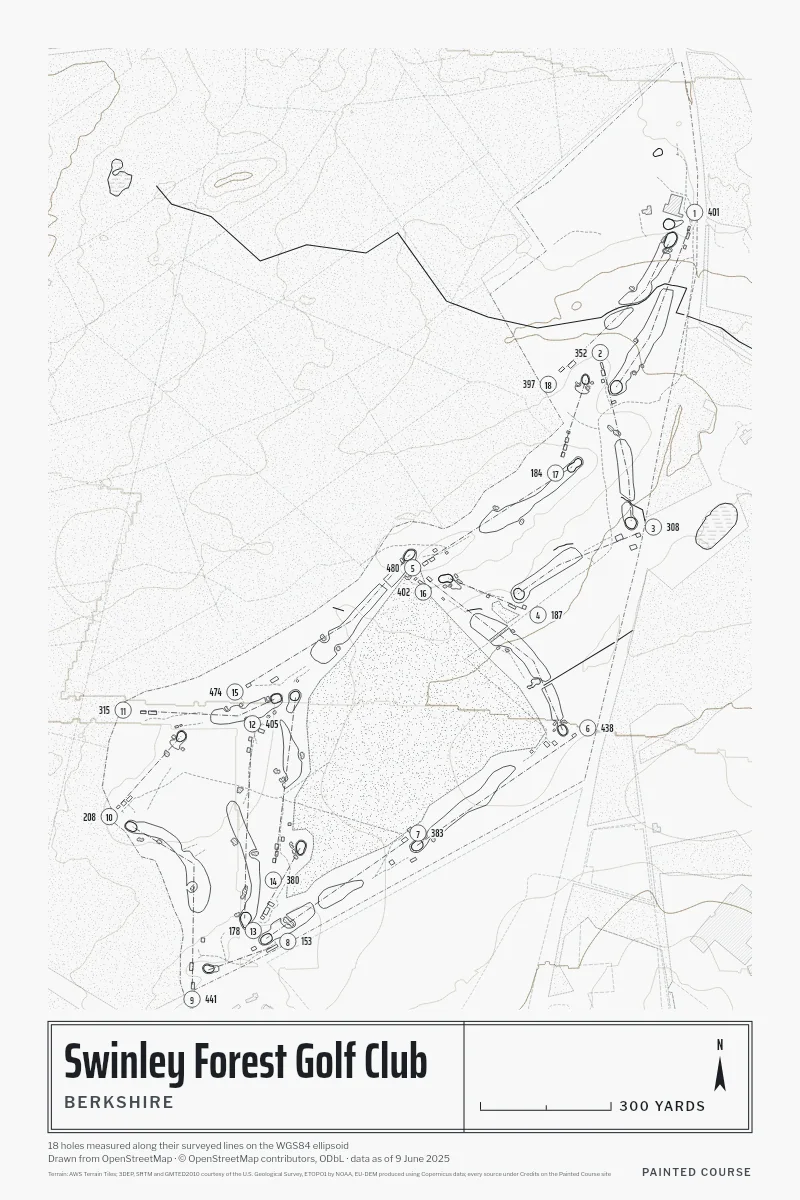 Swinley Forest Golf Club, Berkshire, England, drawn in the Architect style from its OpenStreetMap survey: 18 holes, each numbered at its tee with its measured yards beside it.