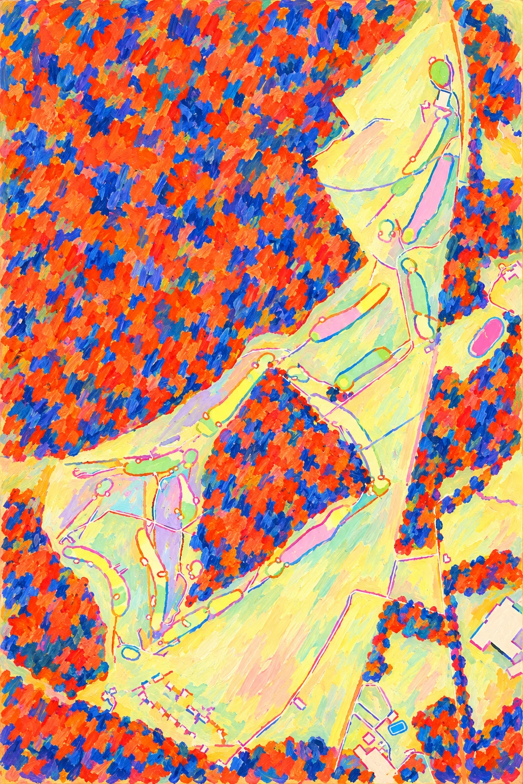 Swinley Forest Golf Club, Berkshire, England, seen from above and painted in the Fauve manner after the Fauves of 1905: the routing of its 18 holes, its greens and its bunkers, in paint.