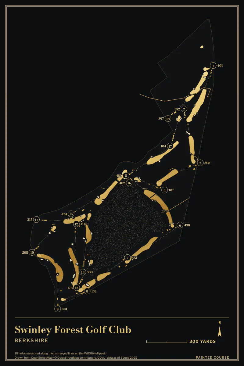 Swinley Forest Golf Club, Berkshire, England, drawn in the Gilt style from its OpenStreetMap survey: 18 holes, each numbered at its tee with its measured yards beside it.