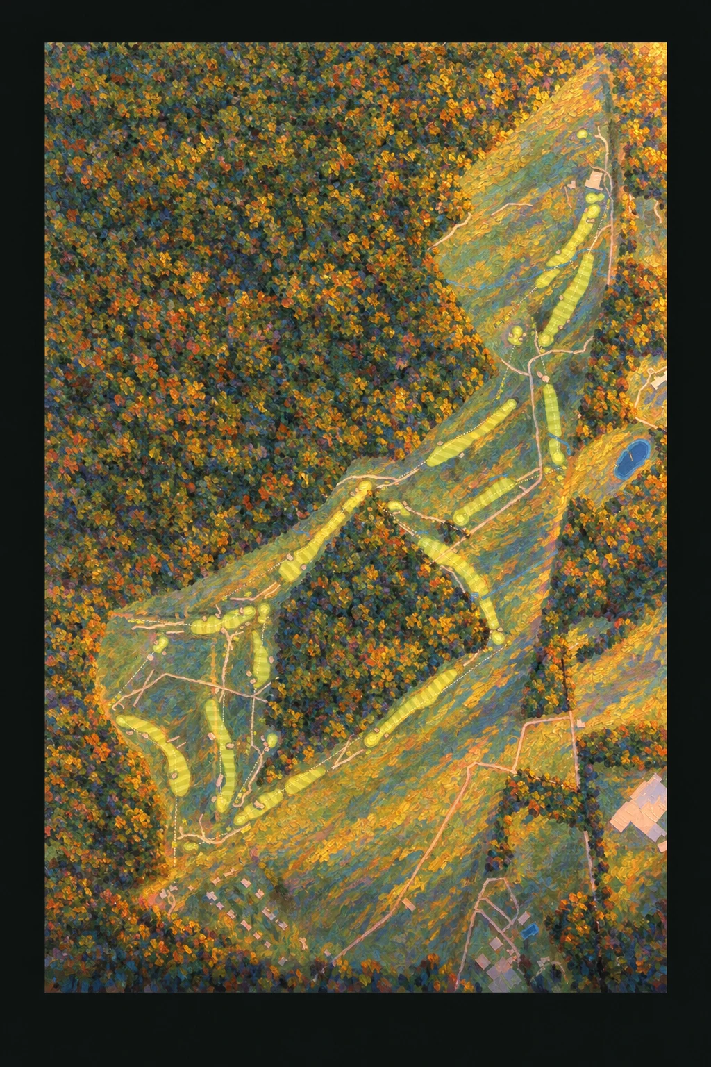 Swinley Forest Golf Club, Berkshire, England, seen from above and painted in the Impressionist manner after Claude Monet: the routing of its 18 holes, its greens and its bunkers, in paint.