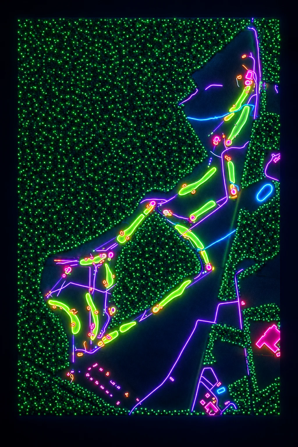 Swinley Forest Golf Club, Berkshire, England, seen from above and painted in the Neon manner: the routing of its 18 holes, its greens and its bunkers, in paint.