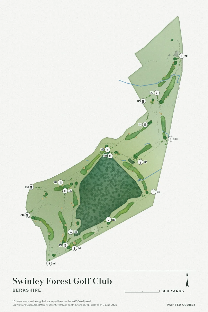 Swinley Forest Golf Club, Berkshire, England, drawn in the Watercolour style from its OpenStreetMap survey: 18 holes, each numbered at its tee with its measured yards beside it.