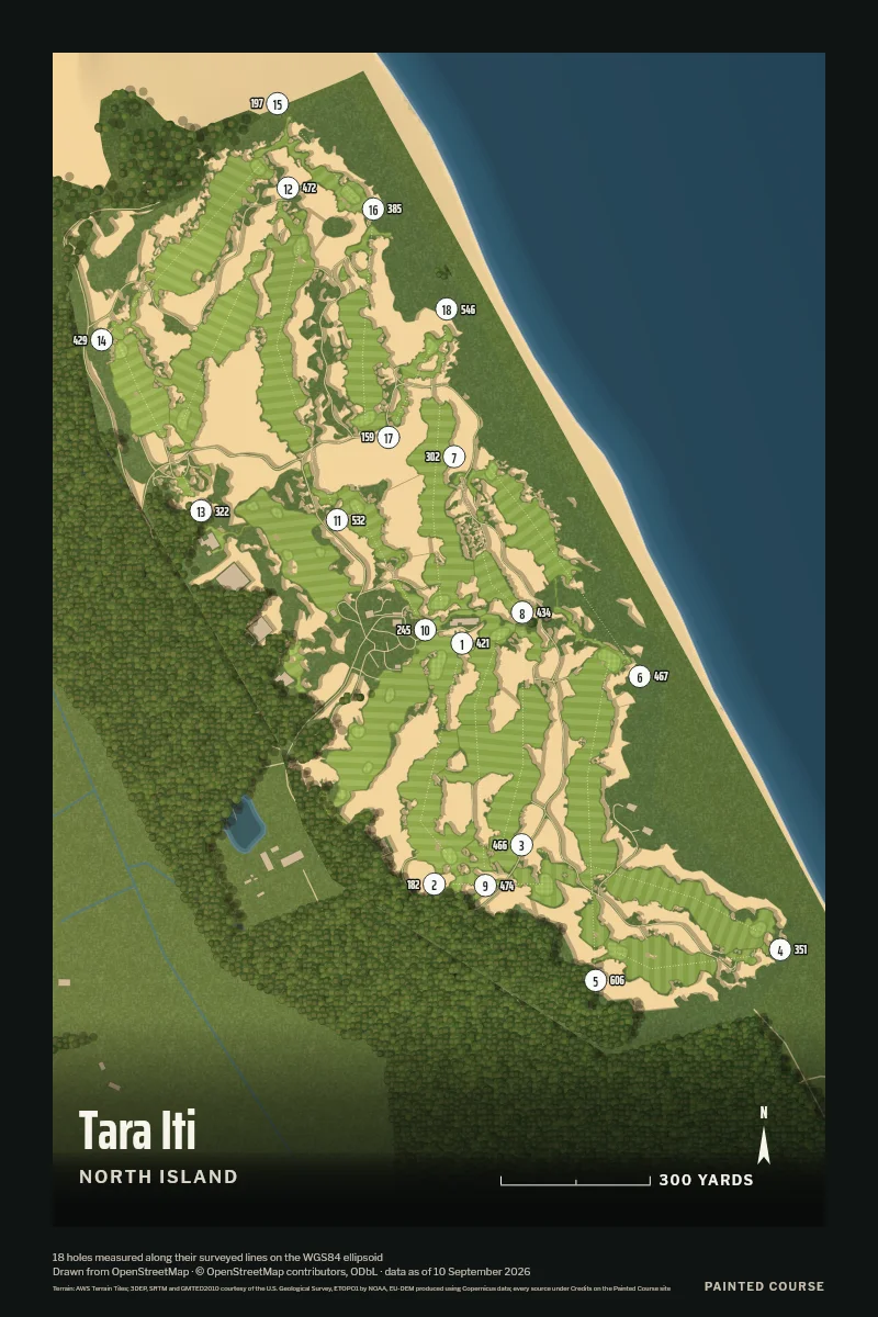 Tara Iti, North Island, New Zealand, drawn in the Aerial style from its OpenStreetMap survey: 18 holes, each numbered at its tee with its measured yards beside it.