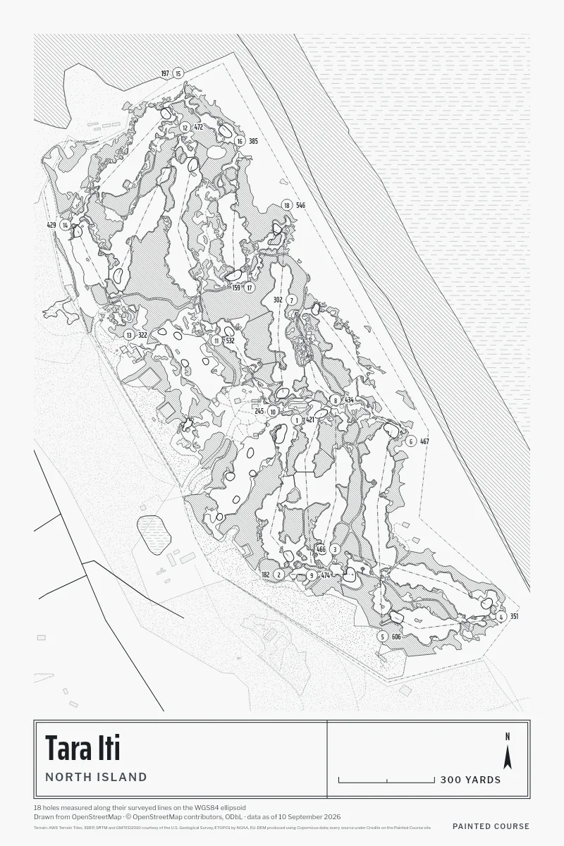 Tara Iti, North Island, New Zealand, drawn in the Architect style from its OpenStreetMap survey: 18 holes, each numbered at its tee with its measured yards beside it.