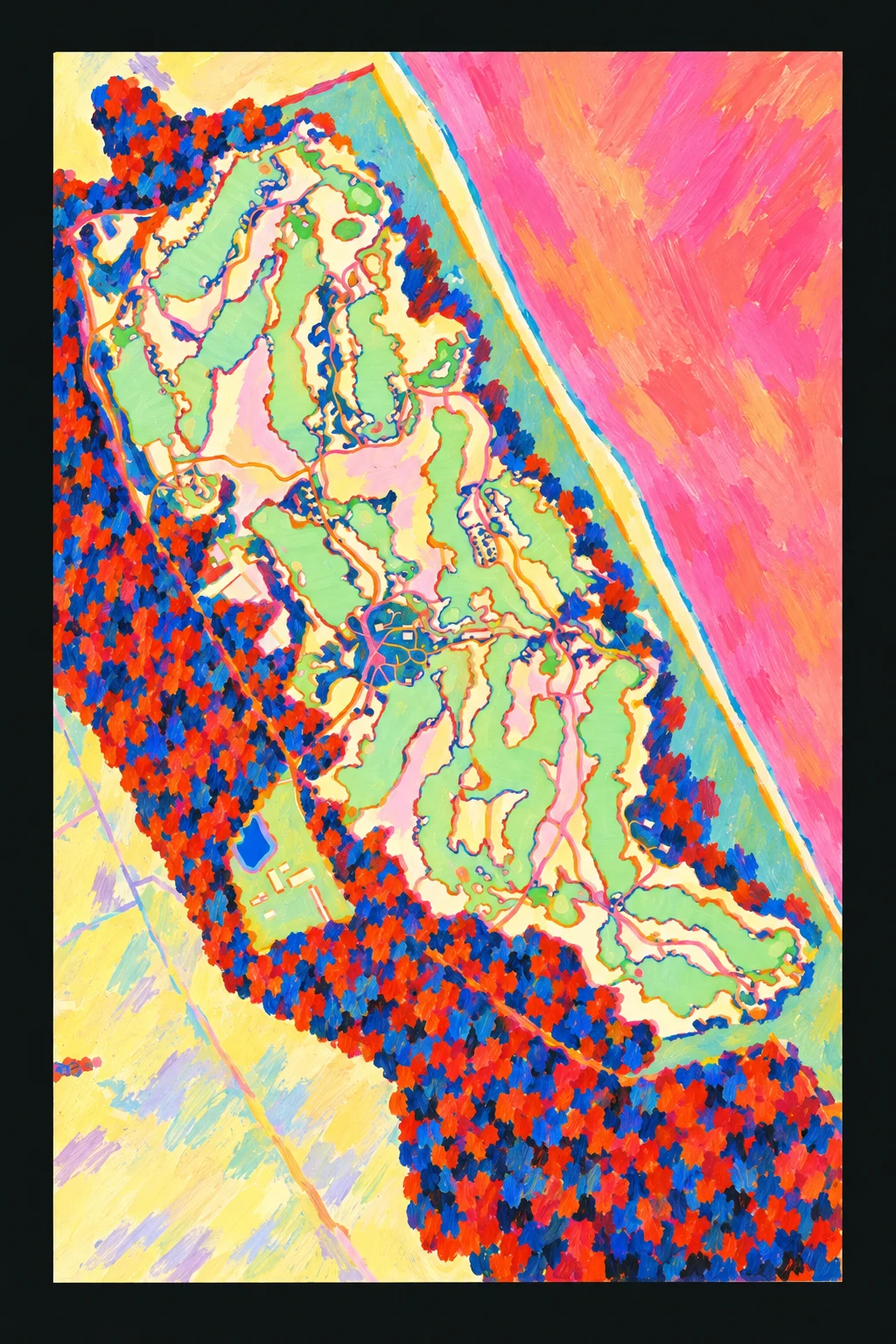 Tara Iti, North Island, New Zealand, seen from above and painted in the Fauve manner after the Fauves of 1905: the routing of its 18 holes, its greens and its bunkers, in paint.
