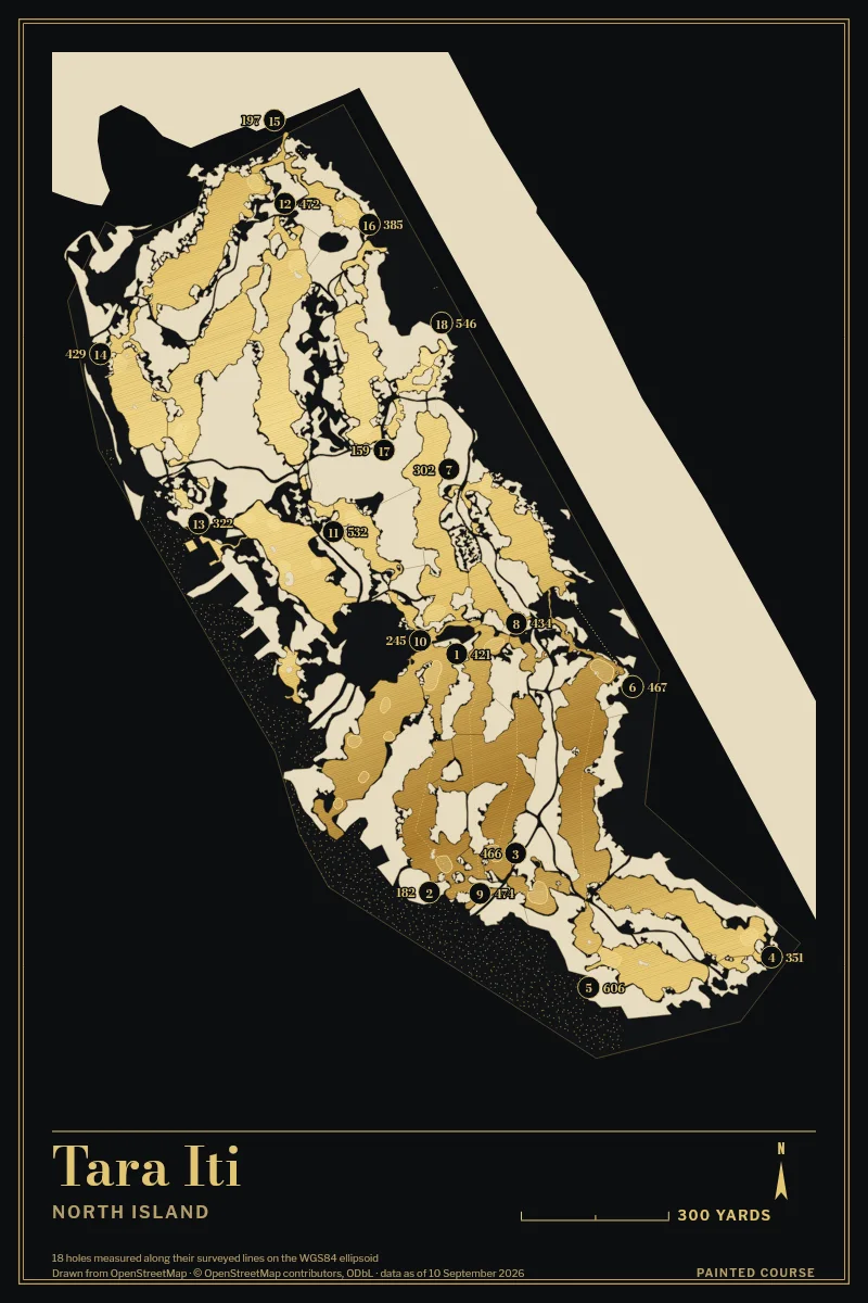 Tara Iti, North Island, New Zealand, drawn in the Gilt style from its OpenStreetMap survey: 18 holes, each numbered at its tee with its measured yards beside it.