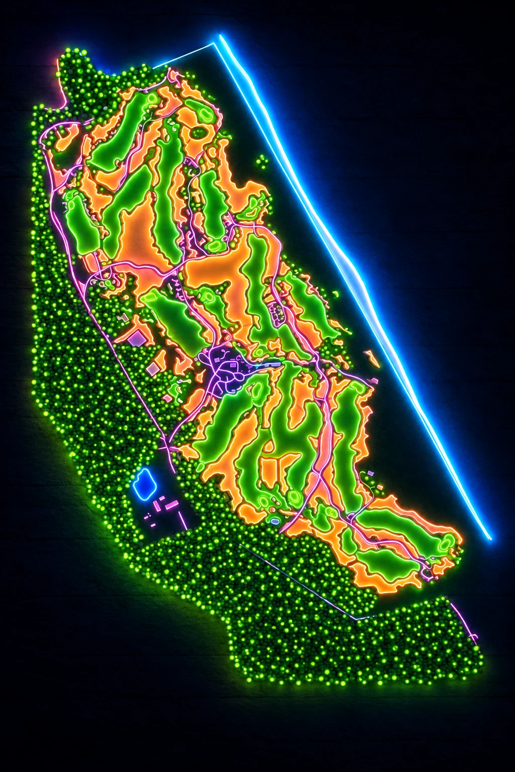 Tara Iti, North Island, New Zealand, seen from above and painted in the Neon manner: the routing of its 18 holes, its greens and its bunkers, in paint.