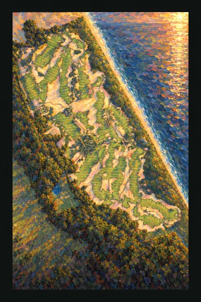 Tara Iti, North Island, New Zealand, drawn in the Gilt style from its OpenStreetMap survey: 18 holes, each numbered at its tee with its measured yards beside it.
