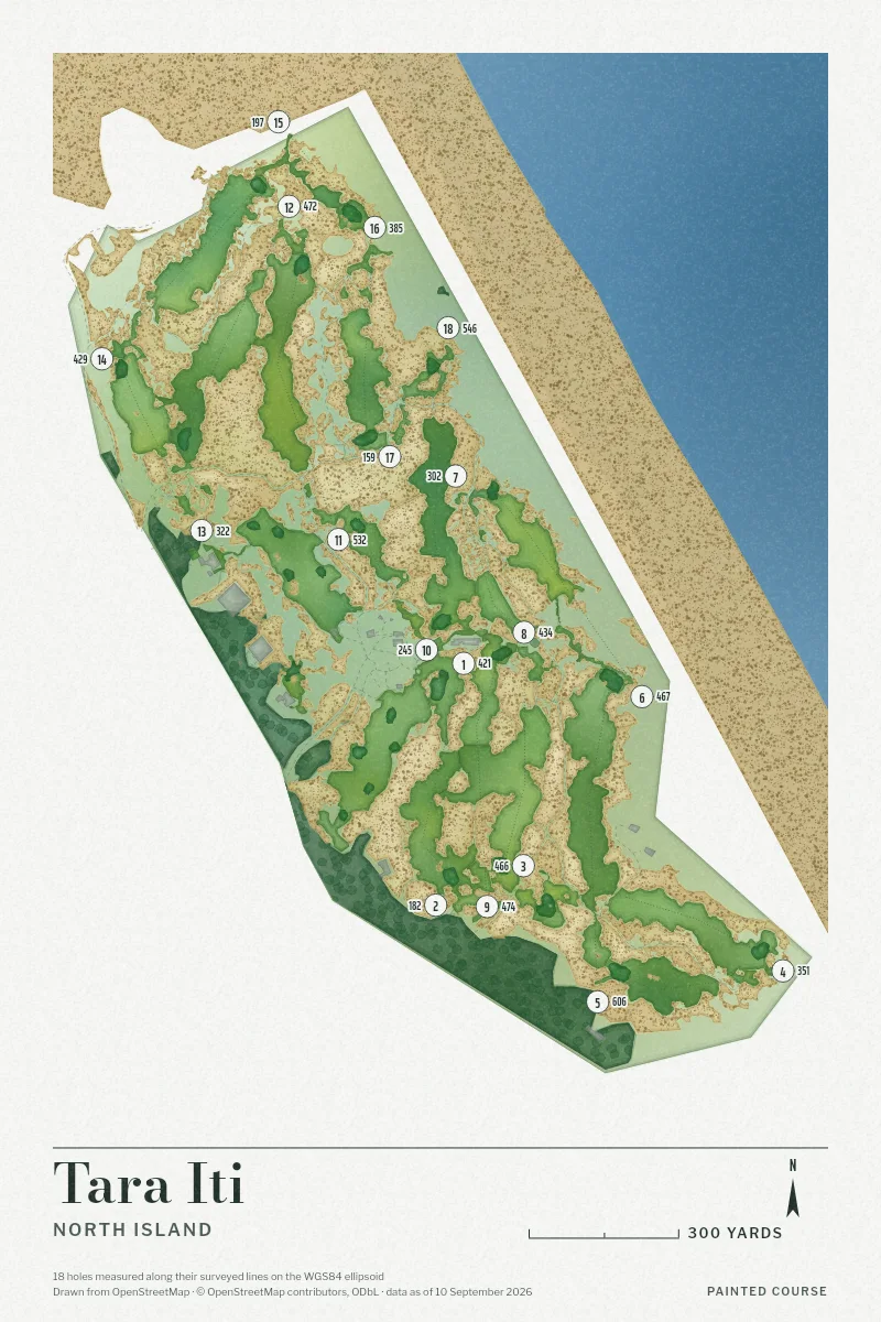 Tara Iti, North Island, New Zealand, drawn in the Watercolour style from its OpenStreetMap survey: 18 holes, each numbered at its tee with its measured yards beside it.