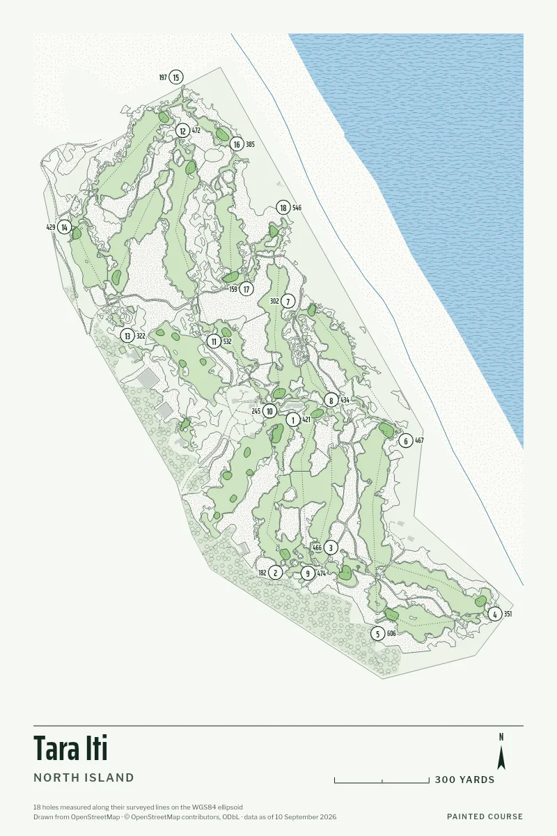 Tara Iti, North Island, New Zealand, drawn in the Yardage style from its OpenStreetMap survey: 18 holes, each numbered at its tee with its measured yards beside it.