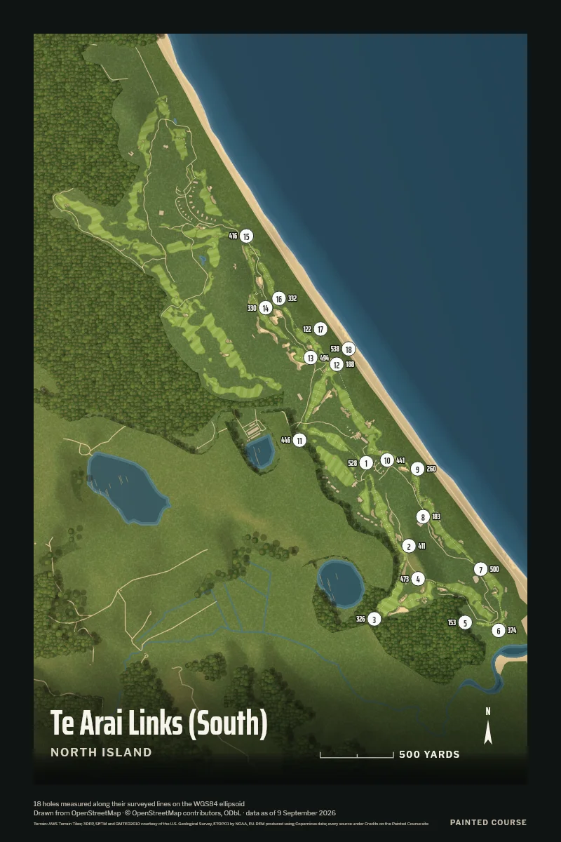Te Arai Links (South), North Island, New Zealand, drawn in the Aerial style from its OpenStreetMap survey: 18 holes, each numbered at its tee with its measured yards beside it.
