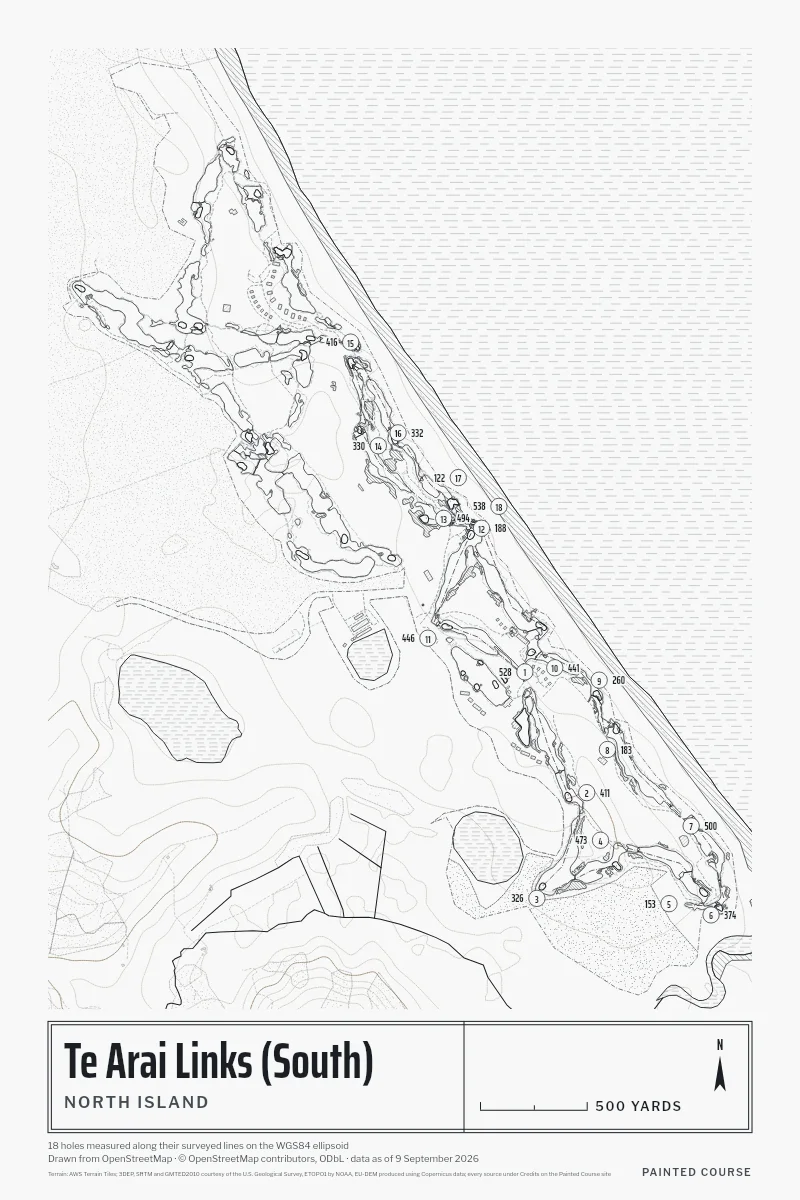 Te Arai Links (South), North Island, New Zealand, drawn in the Architect style from its OpenStreetMap survey: 18 holes, each numbered at its tee with its measured yards beside it.