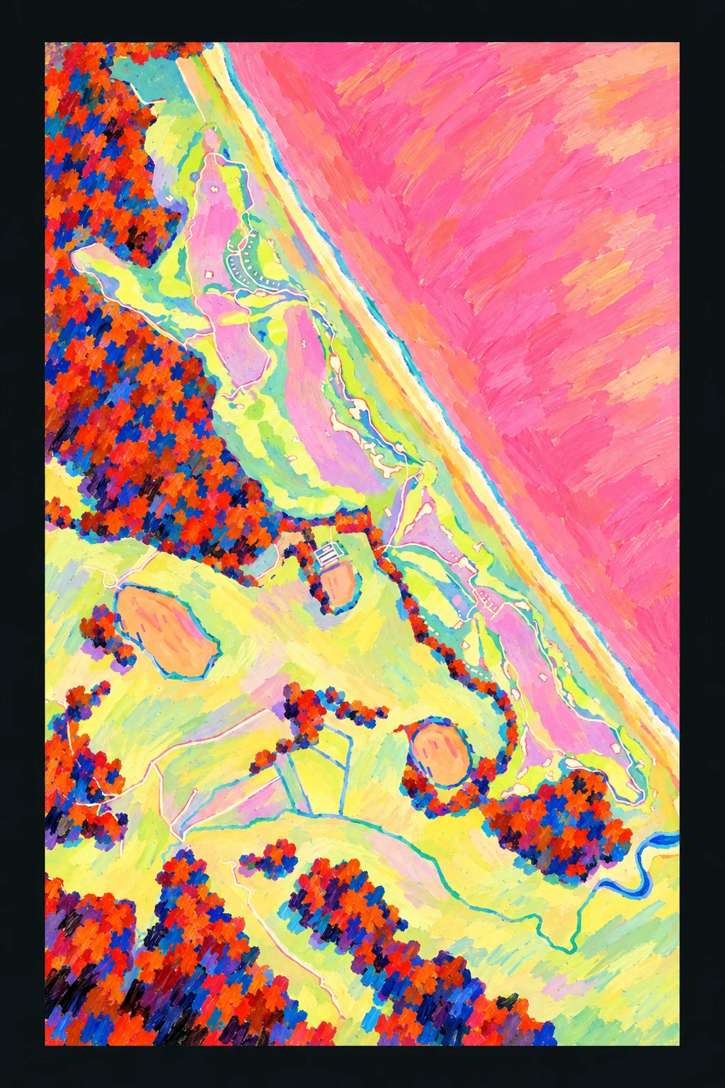 Te Arai Links (South), North Island, New Zealand, seen from above and painted in the Fauve manner after the Fauves of 1905: the routing of its 18 holes, its greens and its bunkers, in paint.