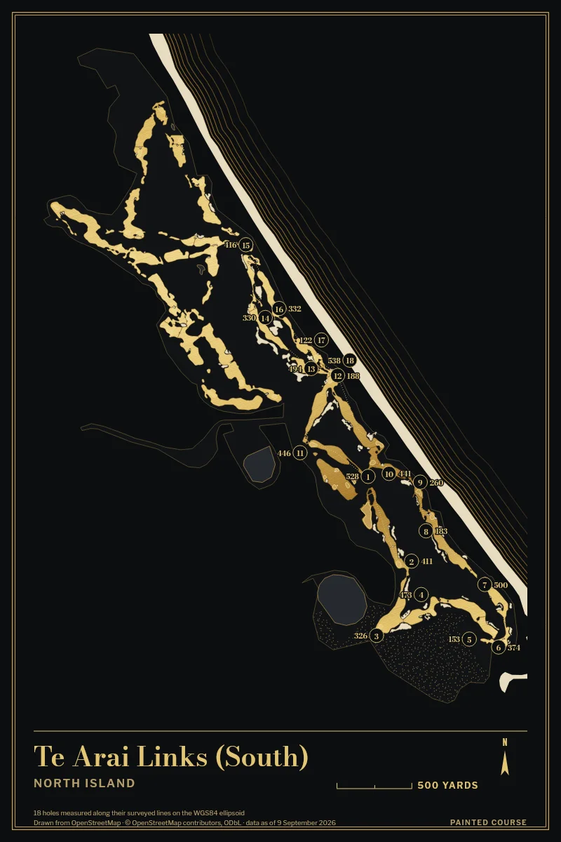 Te Arai Links (South), North Island, New Zealand, drawn in the Gilt style from its OpenStreetMap survey: 18 holes, each numbered at its tee with its measured yards beside it.