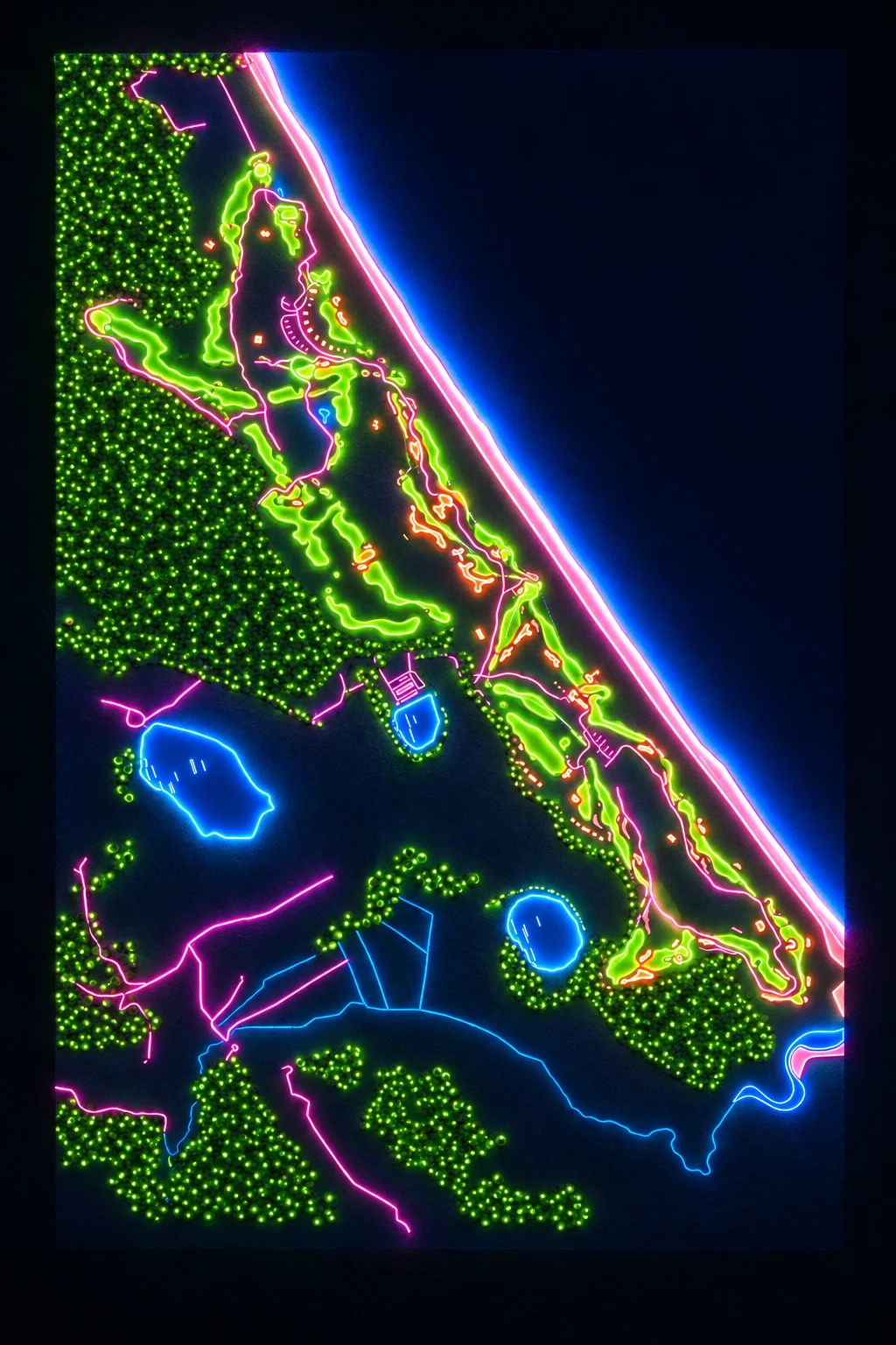 Te Arai Links (South), North Island, New Zealand, seen from above and painted in the Neon manner: the routing of its 18 holes, its greens and its bunkers, in paint.