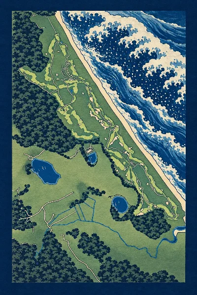 Te Arai Links (South), North Island, New Zealand, drawn in the Gilt style from its OpenStreetMap survey: 18 holes, each numbered at its tee with its measured yards beside it.