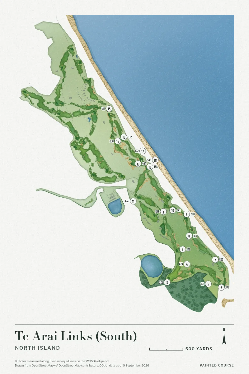 Te Arai Links (South), North Island, New Zealand, drawn in the Watercolour style from its OpenStreetMap survey: 18 holes, each numbered at its tee with its measured yards beside it.