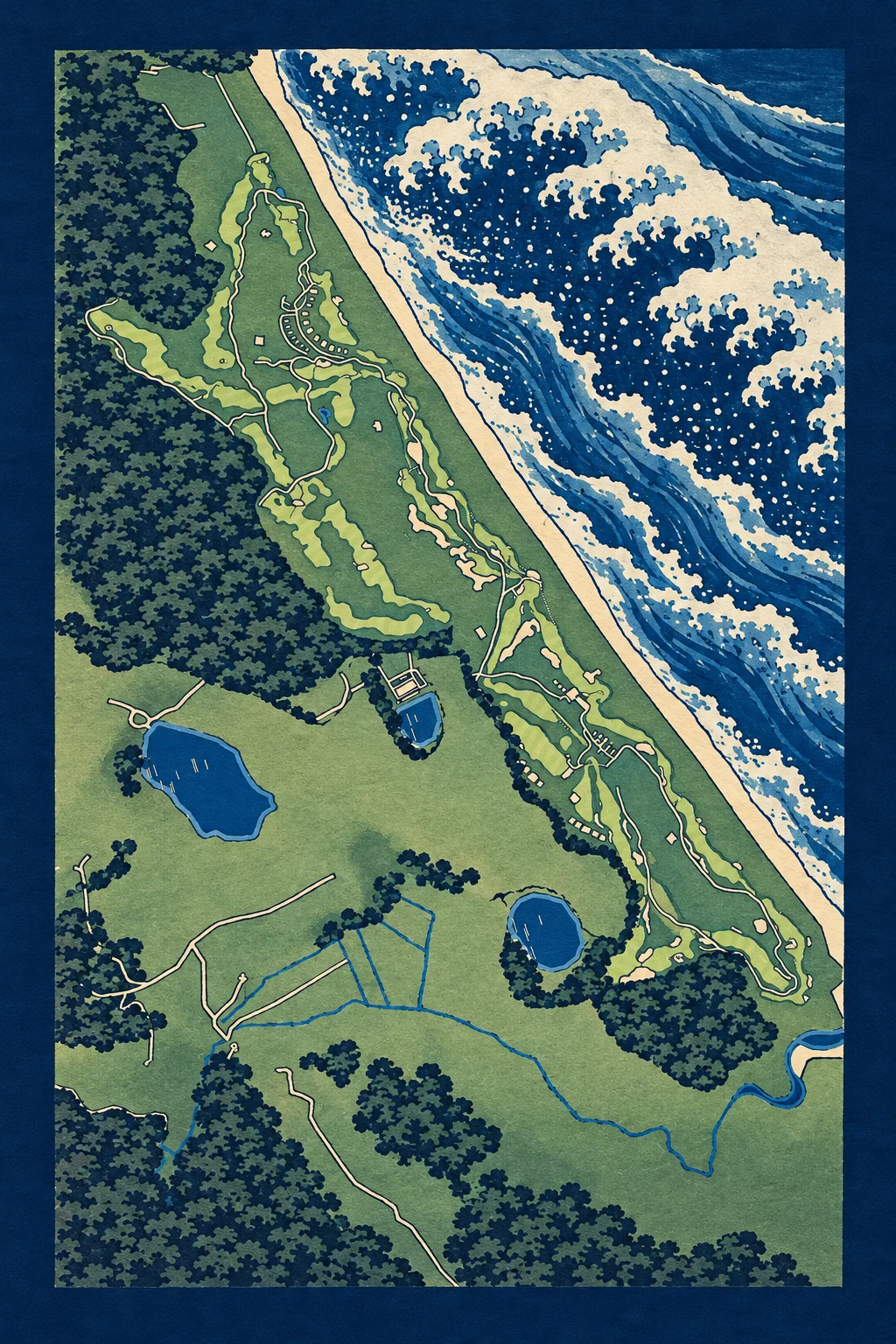 Te Arai Links (South), North Island, New Zealand, seen from above and painted in the Woodblock manner after Katsushika Hokusai: the routing of its 18 holes, its greens and its bunkers, in paint.