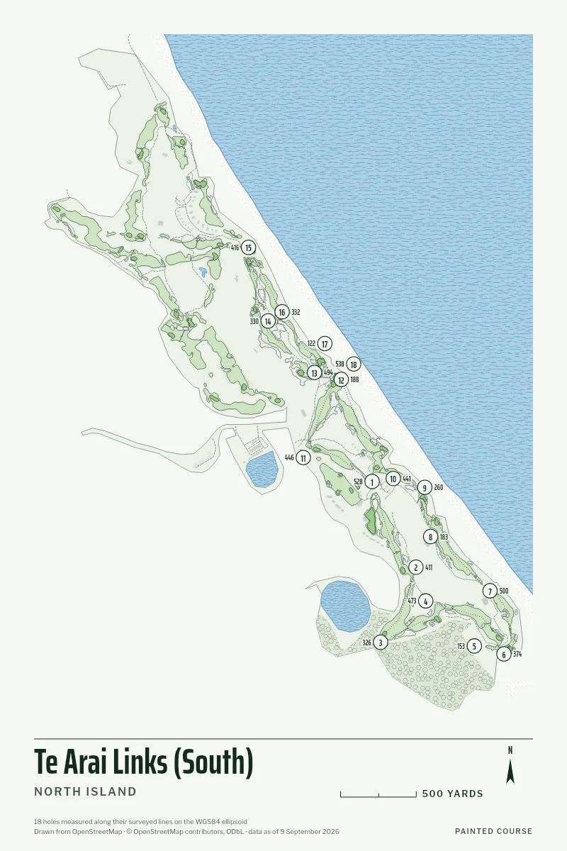 Te Arai Links (South), North Island, New Zealand, drawn in the Yardage style from its OpenStreetMap survey: 18 holes, each numbered at its tee with its measured yards beside it.
