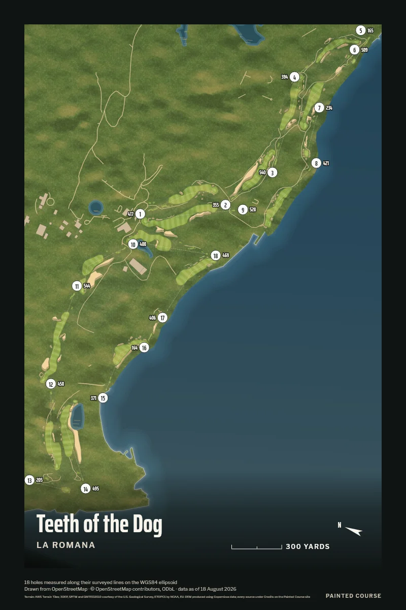 Teeth of the Dog, La Romana, Dominican Republic, drawn in the Aerial style from its OpenStreetMap survey: 18 holes, each numbered at its tee with its measured yards beside it.