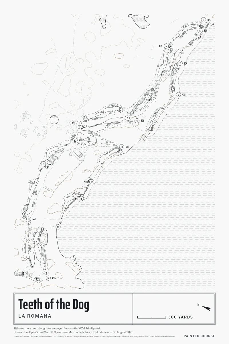 Teeth of the Dog, La Romana, Dominican Republic, drawn in the Architect style from its OpenStreetMap survey: 18 holes, each numbered at its tee with its measured yards beside it.