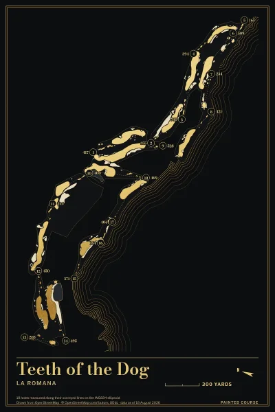 Teeth of the Dog, La Romana, Dominican Republic, drawn in the Gilt style from its OpenStreetMap survey: 18 holes, each numbered at its tee with its measured yards beside it.