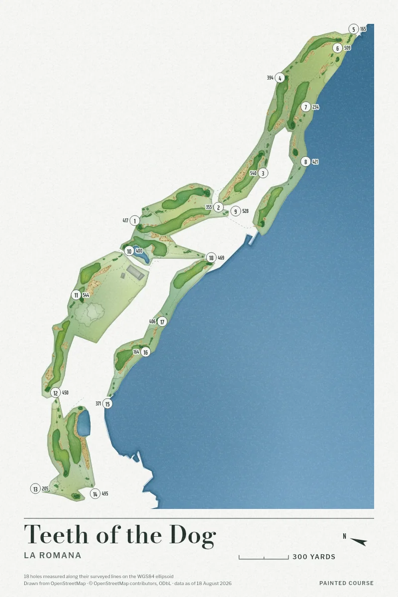 Teeth of the Dog, La Romana, Dominican Republic, drawn in the Watercolour style from its OpenStreetMap survey: 18 holes, each numbered at its tee with its measured yards beside it.