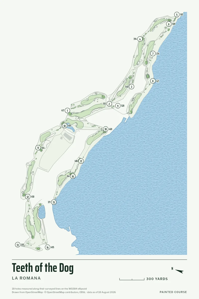 Teeth of the Dog, La Romana, Dominican Republic, drawn in the Yardage style from its OpenStreetMap survey: 18 holes, each numbered at its tee with its measured yards beside it.