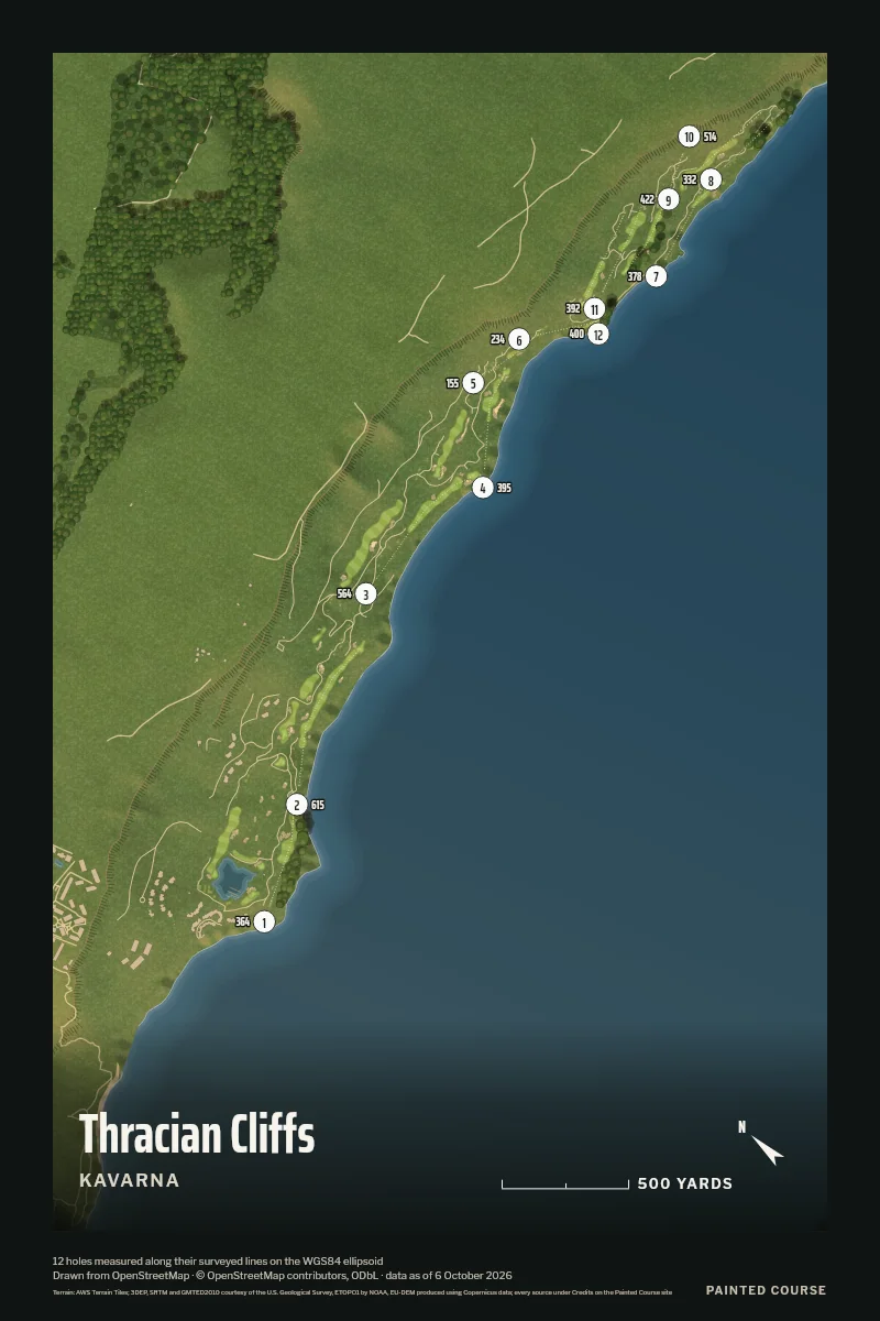 Thracian Cliffs, Kavarna, Bulgaria, drawn in the Aerial style from its OpenStreetMap survey: 12 holes, each numbered at its tee with its measured yards beside it.