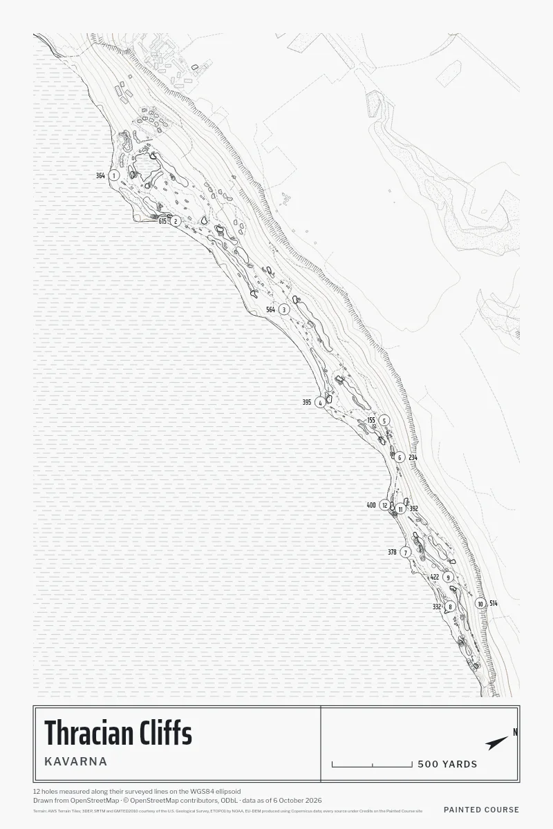 Thracian Cliffs, Kavarna, Bulgaria, drawn in the Architect style from its OpenStreetMap survey: 12 holes, each numbered at its tee with its measured yards beside it.