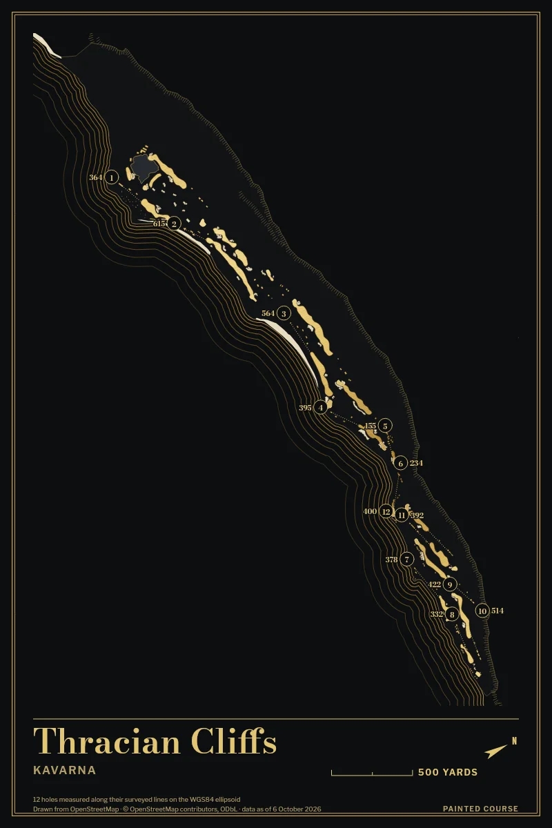 Thracian Cliffs, Kavarna, Bulgaria, drawn in the Gilt style from its OpenStreetMap survey: 12 holes, each numbered at its tee with its measured yards beside it.