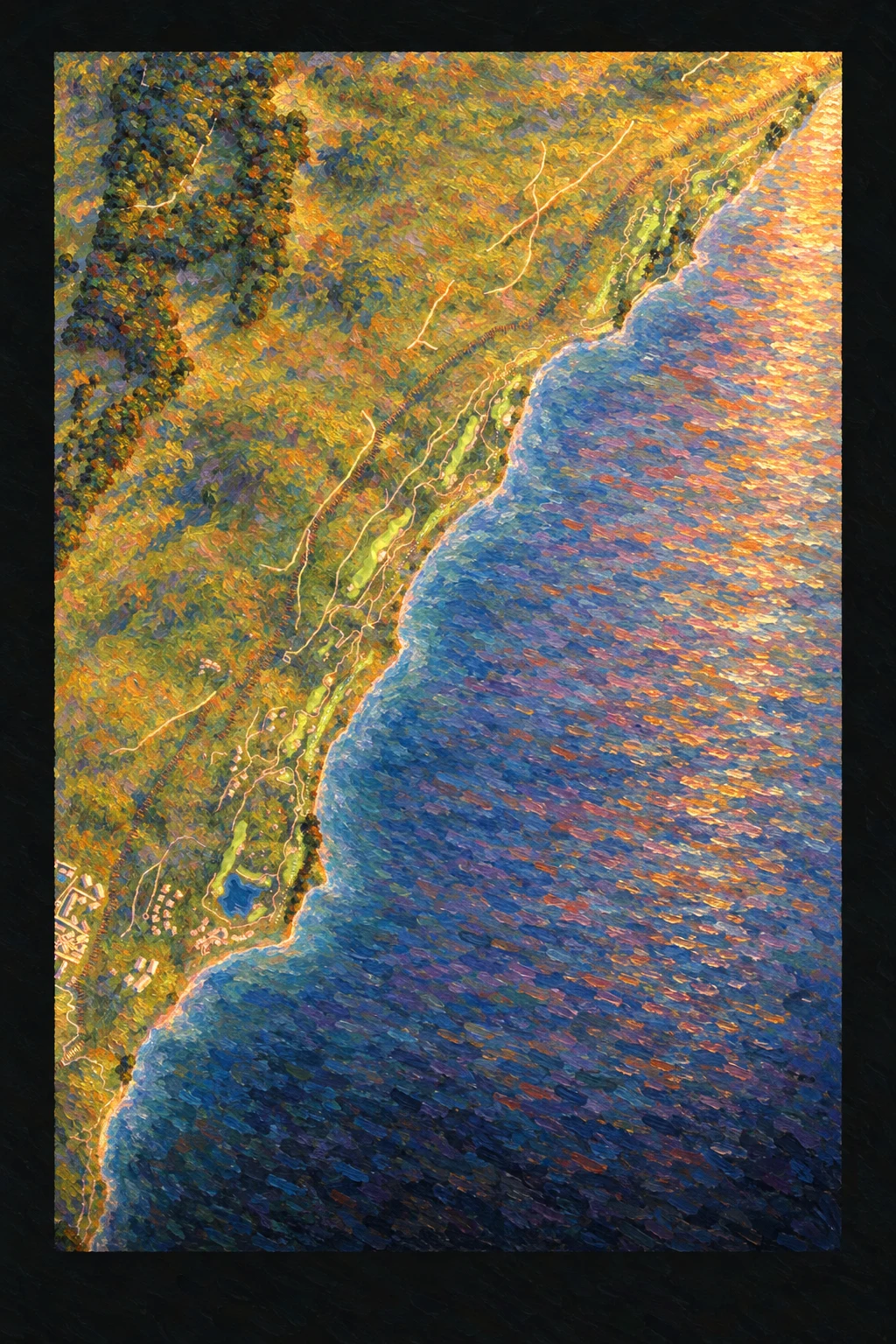 Thracian Cliffs, Kavarna, Bulgaria, seen from above and painted in the Impressionist manner after Claude Monet: the routing of its 12 holes, its greens and its bunkers, in paint.