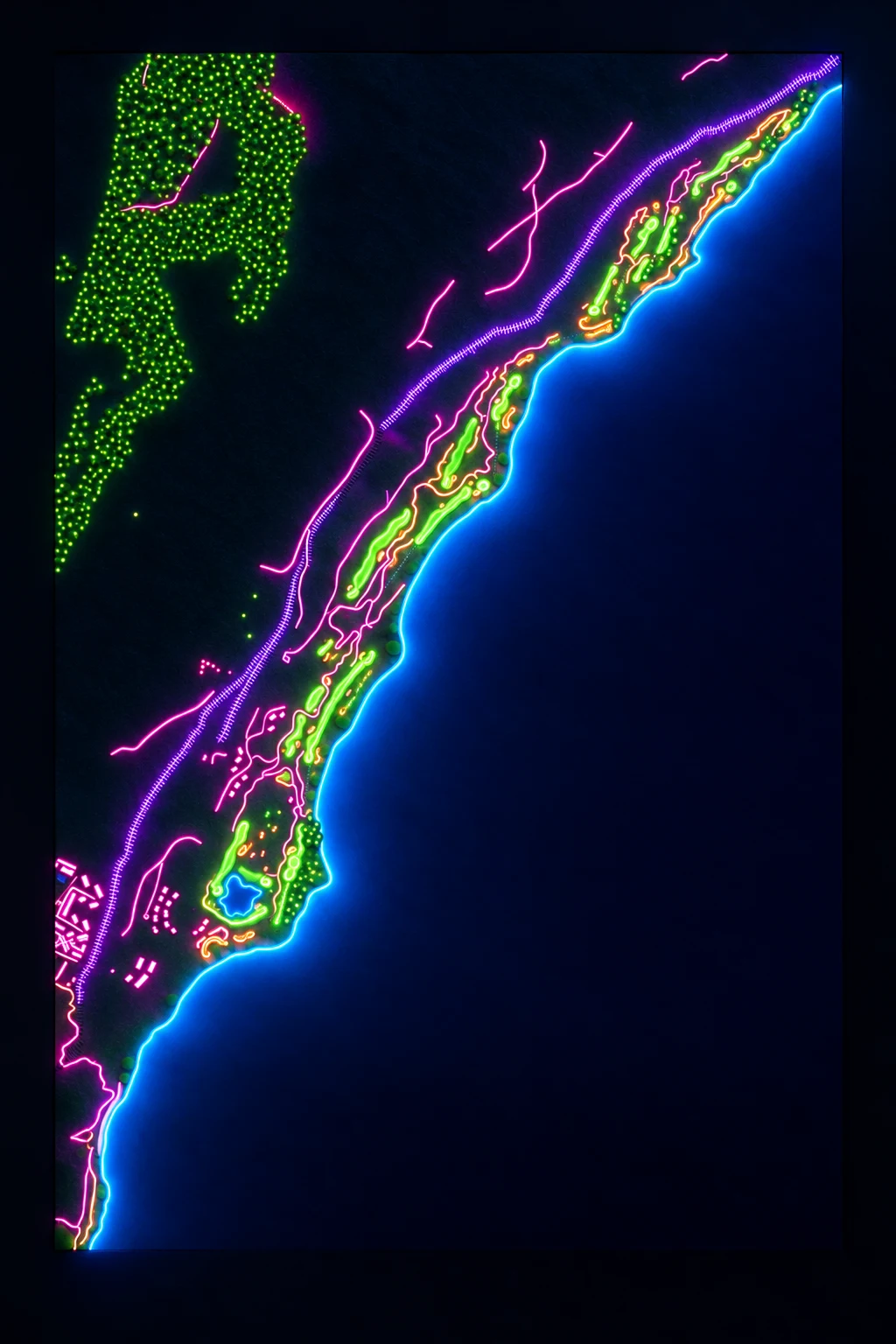 Thracian Cliffs, Kavarna, Bulgaria, seen from above and painted in the Neon manner: the routing of its 12 holes, its greens and its bunkers, in paint.