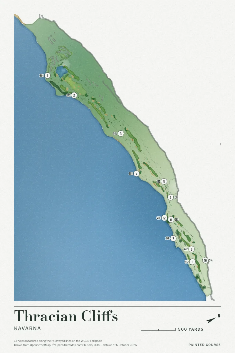 Thracian Cliffs, Kavarna, Bulgaria, drawn in the Watercolour style from its OpenStreetMap survey: 12 holes, each numbered at its tee with its measured yards beside it.