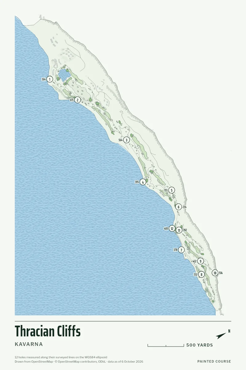 Thracian Cliffs, Kavarna, Bulgaria, drawn in the Yardage style from its OpenStreetMap survey: 12 holes, each numbered at its tee with its measured yards beside it.
