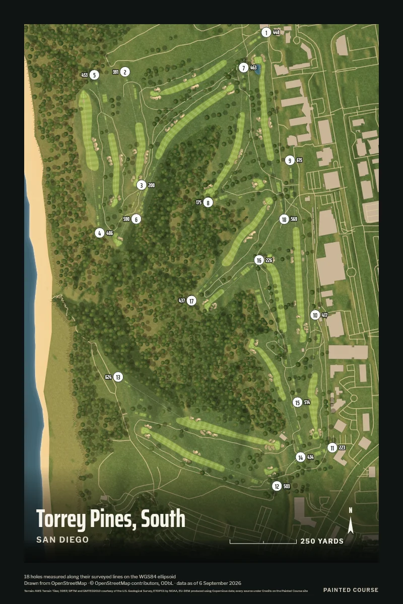 Torrey Pines, South, San Diego, California, USA, drawn in the Aerial style from its OpenStreetMap survey: 18 holes, each numbered at its tee with its measured yards beside it.