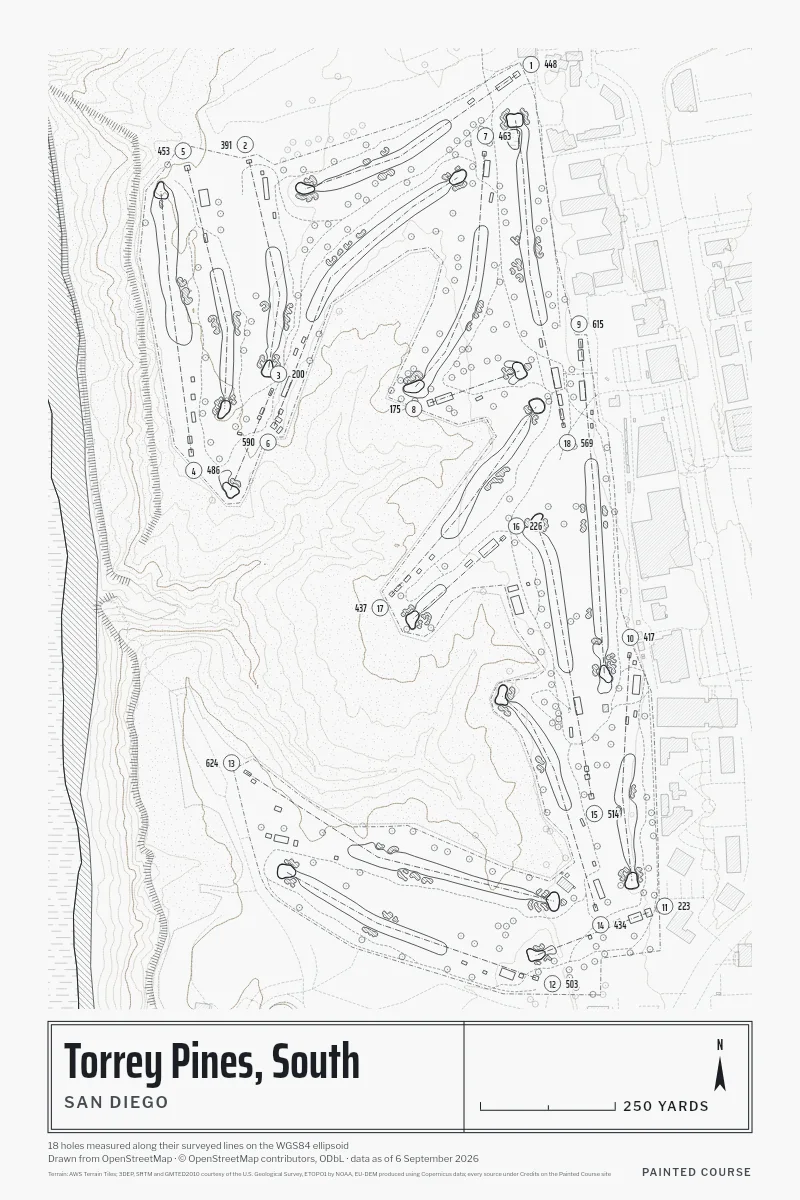 Torrey Pines, South, San Diego, California, USA, drawn in the Architect style from its OpenStreetMap survey: 18 holes, each numbered at its tee with its measured yards beside it.
