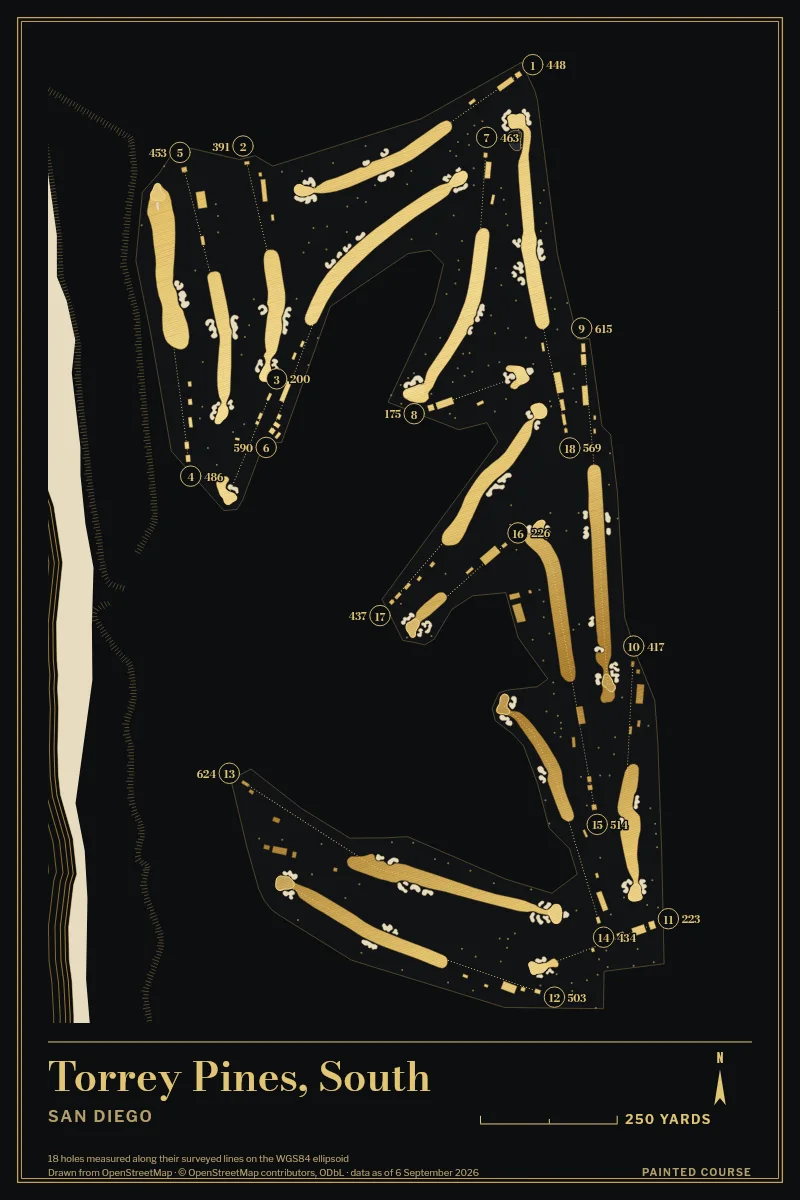 Torrey Pines, South, San Diego, California, USA, drawn in the Gilt style from its OpenStreetMap survey: 18 holes, each numbered at its tee with its measured yards beside it.