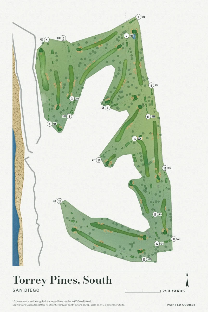 Torrey Pines, South, San Diego, California, USA, drawn in the Watercolour style from its OpenStreetMap survey: 18 holes, each numbered at its tee with its measured yards beside it.